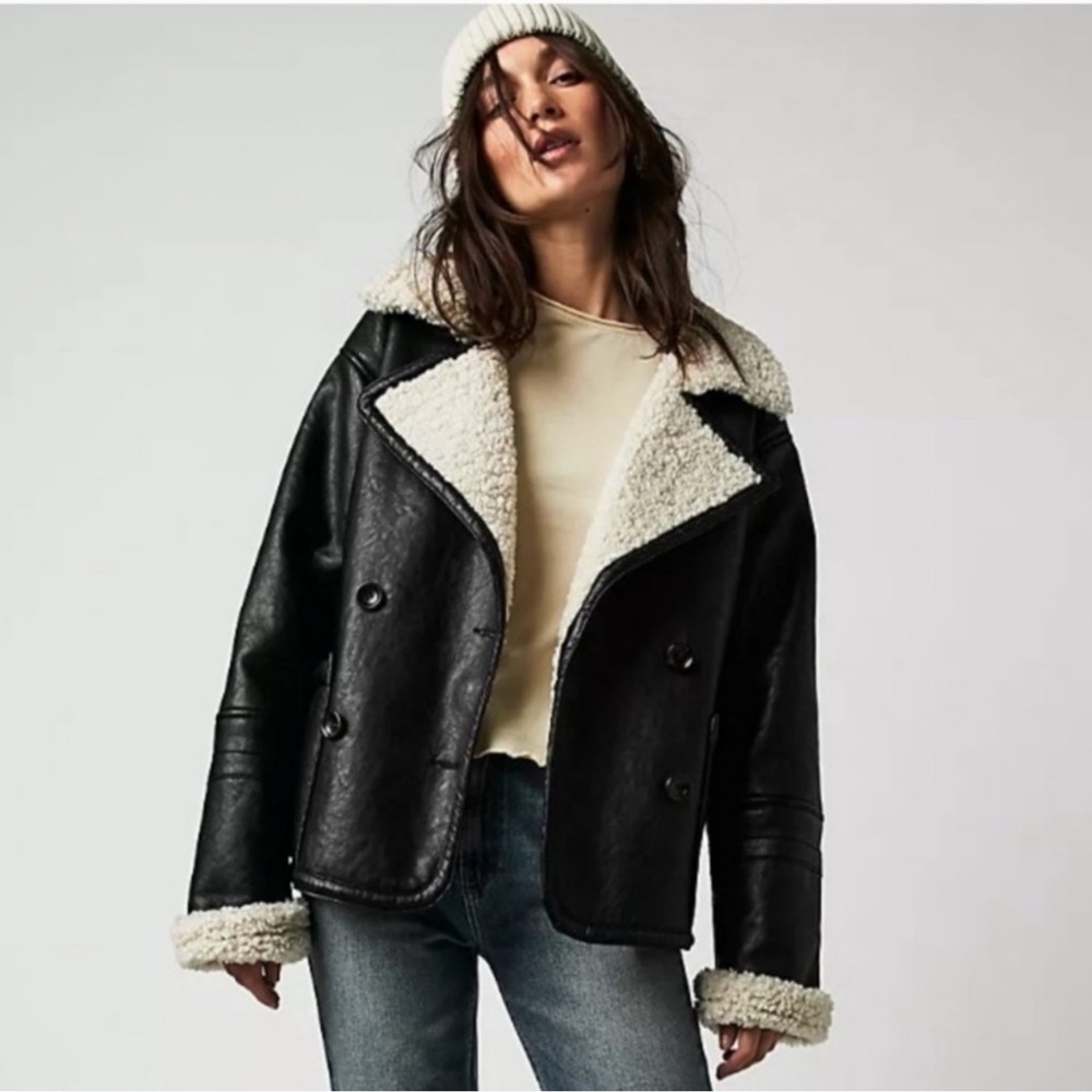 Free People We the free Kaja vegan leather shearling peacoat. XL BLACK
